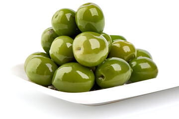 Fresh green olives on white plate, isolated on white background.