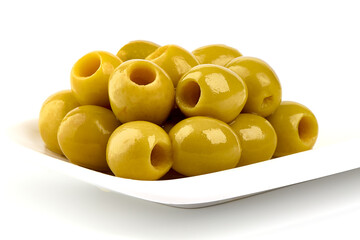 Green olives on white plate, isolated on a white background.