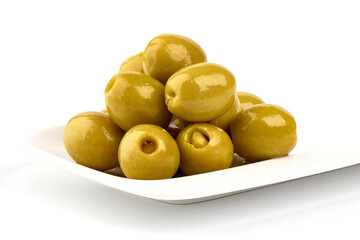 Delicious green olives with jalapeno on white plate, isolated on white background.