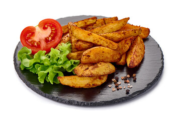 Tasty potato wedges on Slate in rustic style stone plate with on white background.