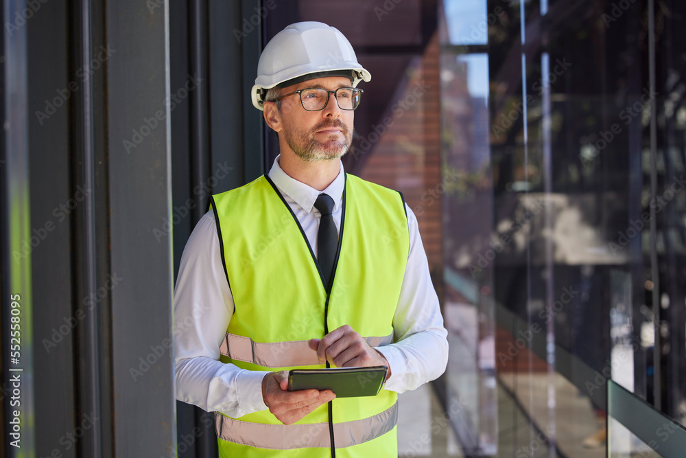 Poster construction, digital tablet and man with vision, thinking and planning at construction site. constr