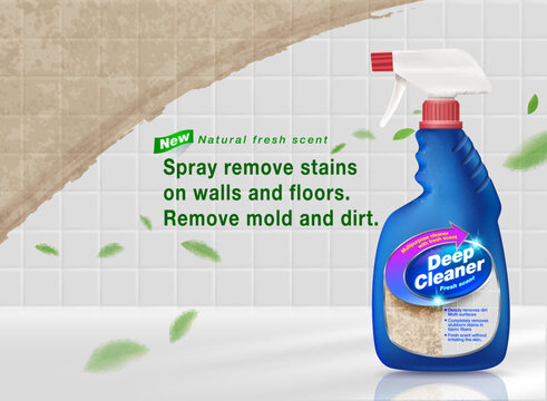 Ad template Spray remove stains on walls and floors. Remove mold and dirt. Realistic EPS file.