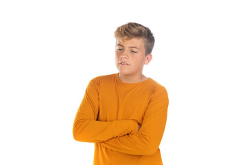Pensive teenager in orange t-shirt