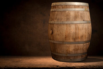mug of beer, wheat ears, hops and beer barrel on a wooden background. High quality photo
