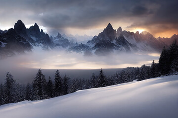 Fantastic winter landscape, beautiful sunset over mountains. AI