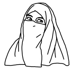 Young Arab woman with beautiful face in traditional fashion niqab head wear. Hand drawn isolated retro vintage isolated illustration. Old style school drawing.