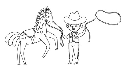Cowboy with the horse and lasso. Vector cartoon outline children illustration. Coloring page for kids cowboy party.