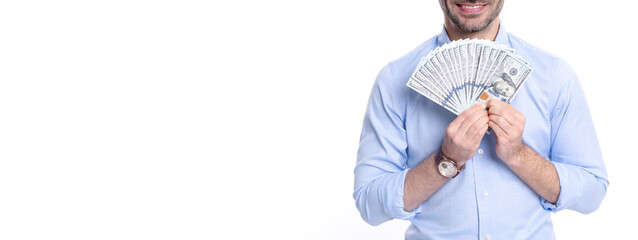 Man crop view holding money banknotes studio isolated on white. Bank money for loans and lending