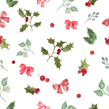 Watercolor  Christmas seamless pattern with hand drawn watercolor bows, holly branches, leaves and berries illustration. Background for wrapping, packaging design or print.