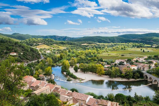 View of Orb River and landscape from the village of Roquebrun, France