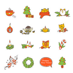collection of objects christmas tangerines tree tea sticker prints sketch