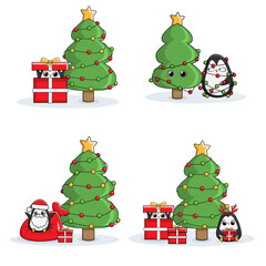 Collection of Christmas penguinsts, Merry Christmas illustrations of cute penguins with christmas tree and gift
