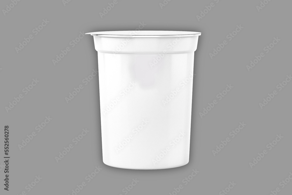 Poster empty blank plastic container for dairy foods with foil lid mockup template isolated on background. 
