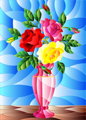 Illustration in stained glass style with floral still life, colorful bouquet of roses in a pink vase on a blue background