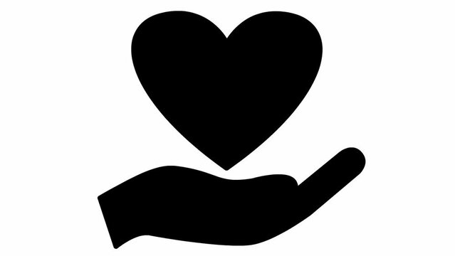 Animated black pounding heart on palm. Looped video of heartbeating. Concept of charity, health, medicine. Vector illustration isolated on the white background.
