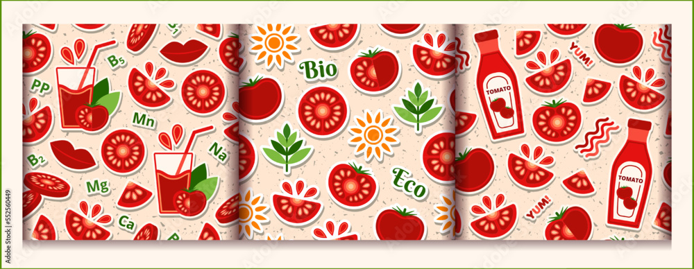Poster set of tomato seamless patterns with design elements in simple geometric style. stickers of tomato s