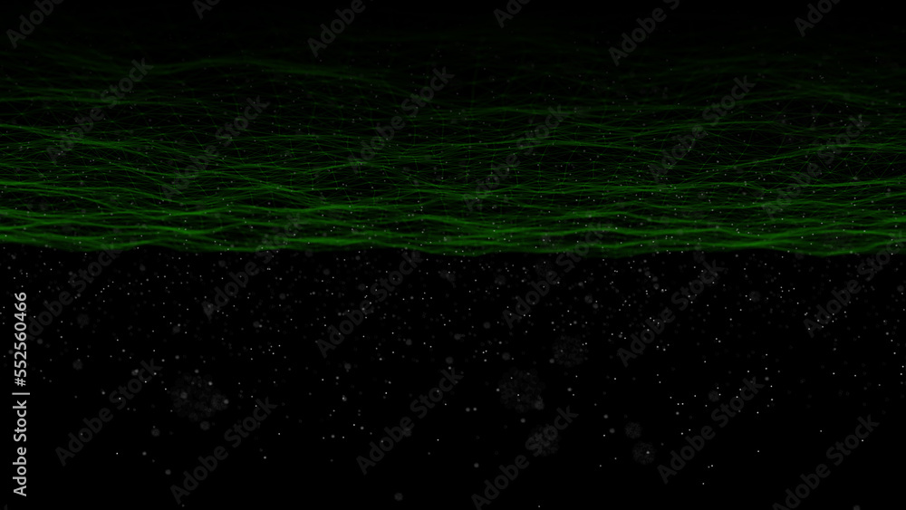 Poster Wave of digital particles on a black background. Abstract interlacing lines and points. Digital connection of elements. Simulation of the movement of small particles. 3D rendering.