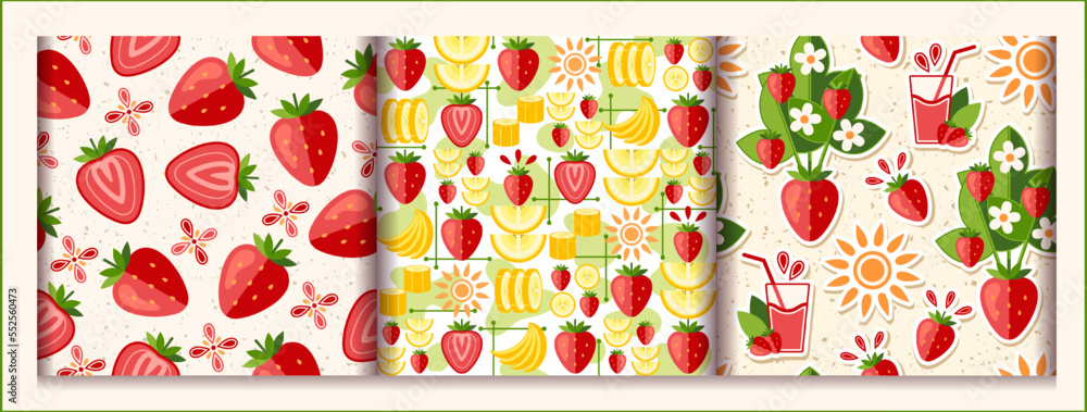 Poster set of seamless patterns with strawberries, banana, abstract geometric shapes. simple minimal style.