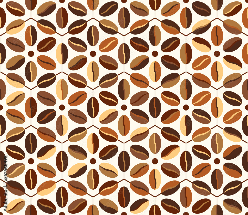 Poster seamless geometric pattern with coffee beans in hexagonal grid. retro simple style. organic backgrou
