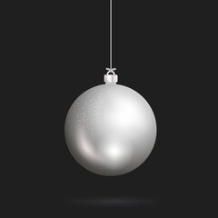 Christmas silver ball handing on string. Xmas vector bauble isolated on transparent background. New Year ball, realistic bright decoration element. Vector