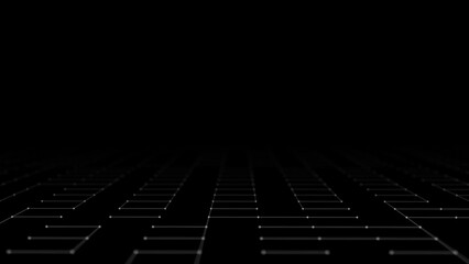 Wave of digital particles on a black background. Abstract interlacing lines and points. Digital connection of elements. Simulation of the movement of small particles. 3D rendering.