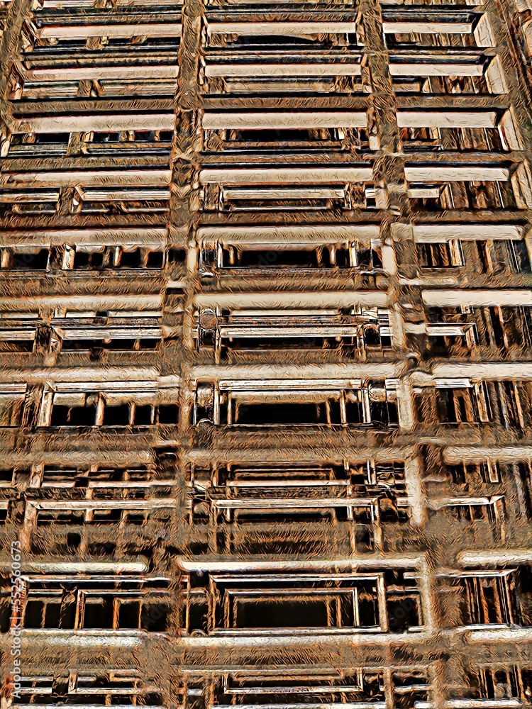 Poster oblique view on irregular grid pattern in grey and copper colours