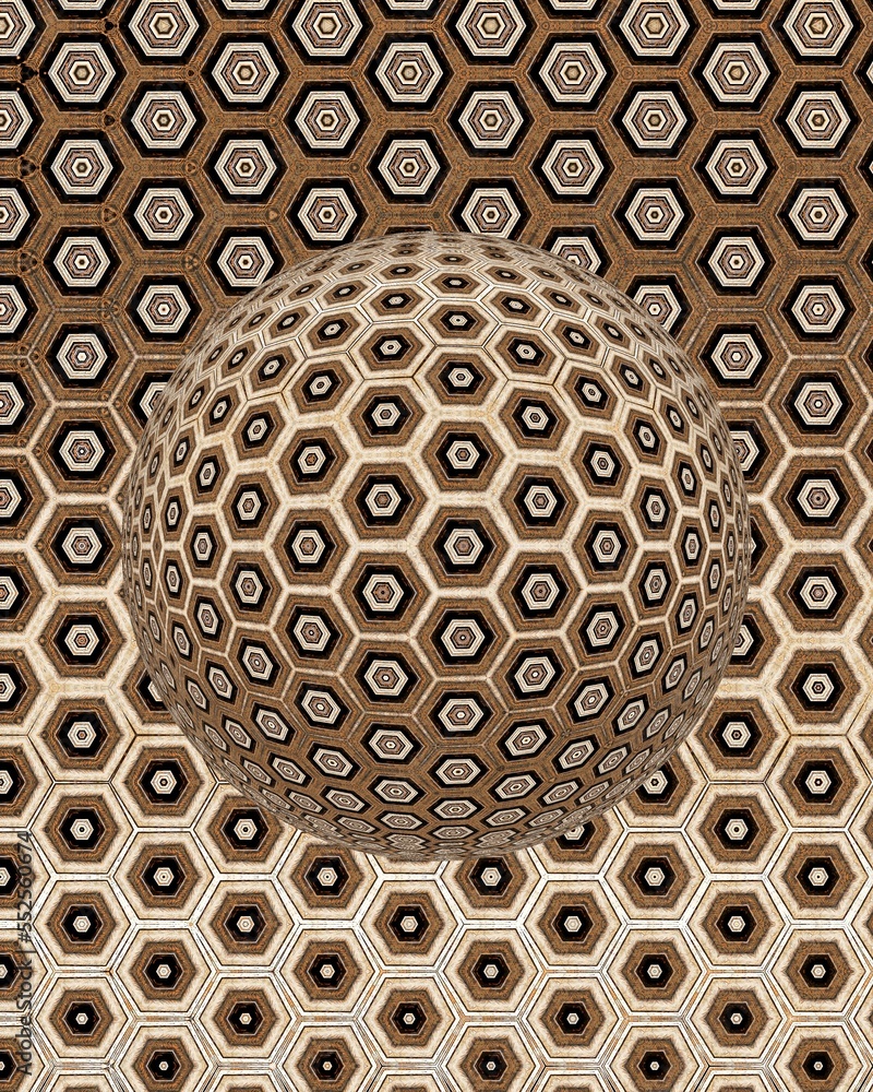 Poster oblique view on irregular grid pattern in grey and copper colours