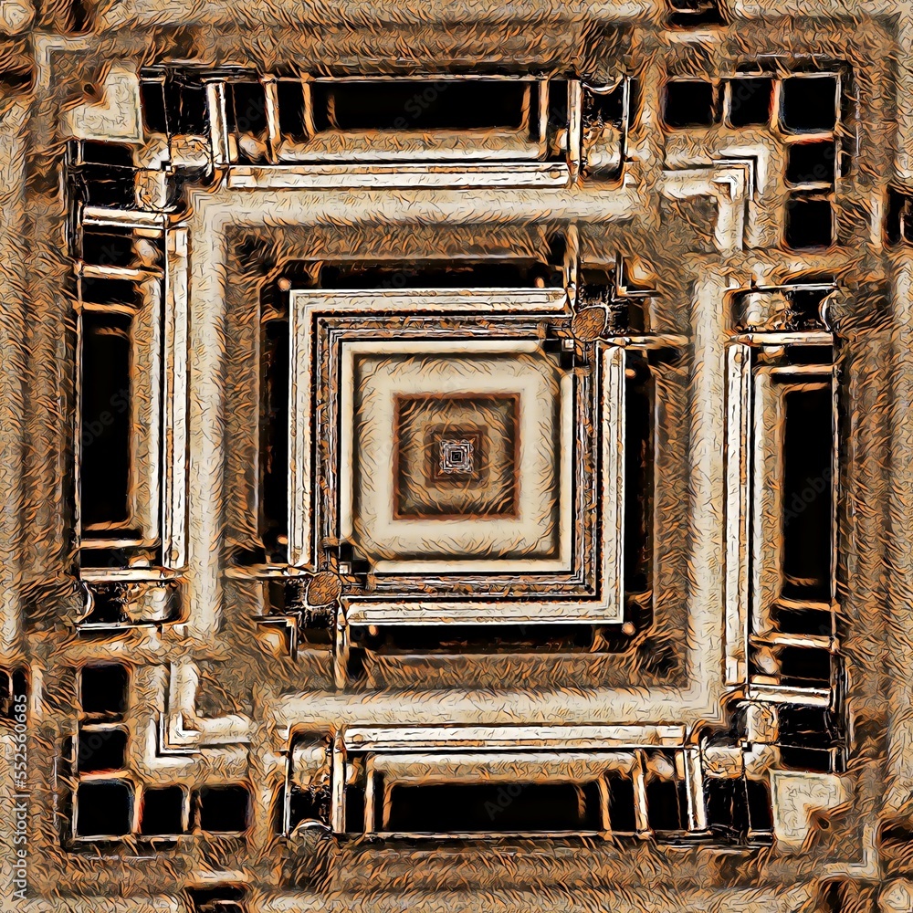 Poster oblique view on irregular grid pattern in grey and copper colours