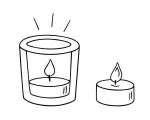 Candles doodle,power outage lighting.Decoration for birthday party,romantic Valentine's Day dinner.Festive hand-drawn candlelight with wick and wax,for creating a special atmosphere.Isolated.Vector
