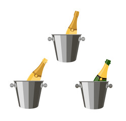 Bottles of champagne in an ice bucket set. Icon in cartoon style isolated
