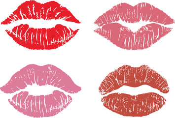 Lipstick kiss print isolated vector set. red vector lips set. Different shapes of female sexy pink and red lips. Sexy lips makeup, kiss mouth - obrazy, fototapety, plakaty