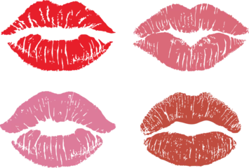 Fotobehang Lipstick kiss print isolated vector set. red vector lips set. Different shapes of female sexy pink and red lips. Sexy lips makeup, kiss mouth © EVGENIY