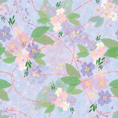 In early snowy spring,  Blooming floral seamless  pattern n violet background