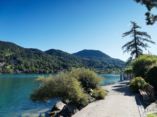 Lake promenade in Rottach Bay along Tegernsee in Bavarian Alps