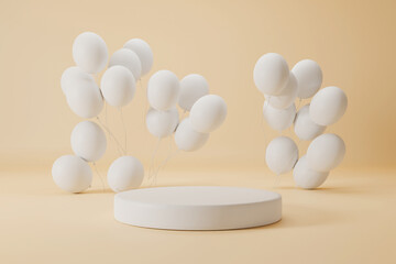 3d rendering.white podium and balloons on orange background.  design for showcase your product.
