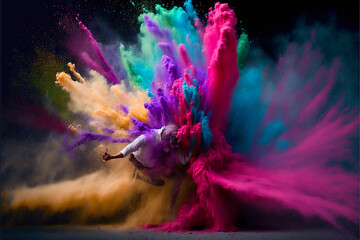 A picture of splash of colour powder in a holi festival in india , AI generate 