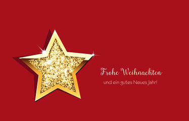Weihnachtlicher goldener Stern mit Glitzer und Glanz, 
und Wünsche in deutsch,
Vektor Illustration mit dunklem Hintergrund

