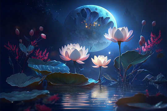 Magical blue lotus flower lying in water surrounded by a dark