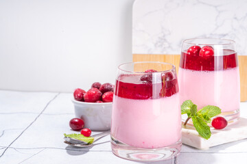 Tasty Cranberry Panna Cotta dessert, pink coconut or yogurt panna cotta with  cranberry sweet sauce, fresh berry and mint 