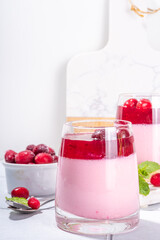 Tasty Cranberry Panna Cotta dessert, pink coconut or yogurt panna cotta with  cranberry sweet sauce, fresh berry and mint 