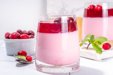 Tasty Cranberry Panna Cotta dessert, pink coconut or yogurt panna cotta with  cranberry sweet sauce, fresh berry and mint 
