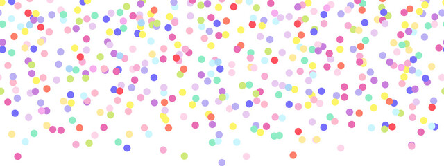 Colorful falling confetti seamless border frame isolated on transparent background, color dots repeat pattern for birthday party, celebration, PNG illustration