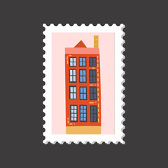 Amsterdam cozy and cute house postage stamp on a pink background.