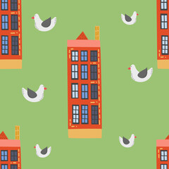Architecture Amsterdam cozy and cute seamless pattern on a green background. Illustration for children book, banner, poster