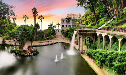 Naklejka premium Funchal - Madeira, Monte Tropical Gardens with view of palace on lake at sunset, Portugal