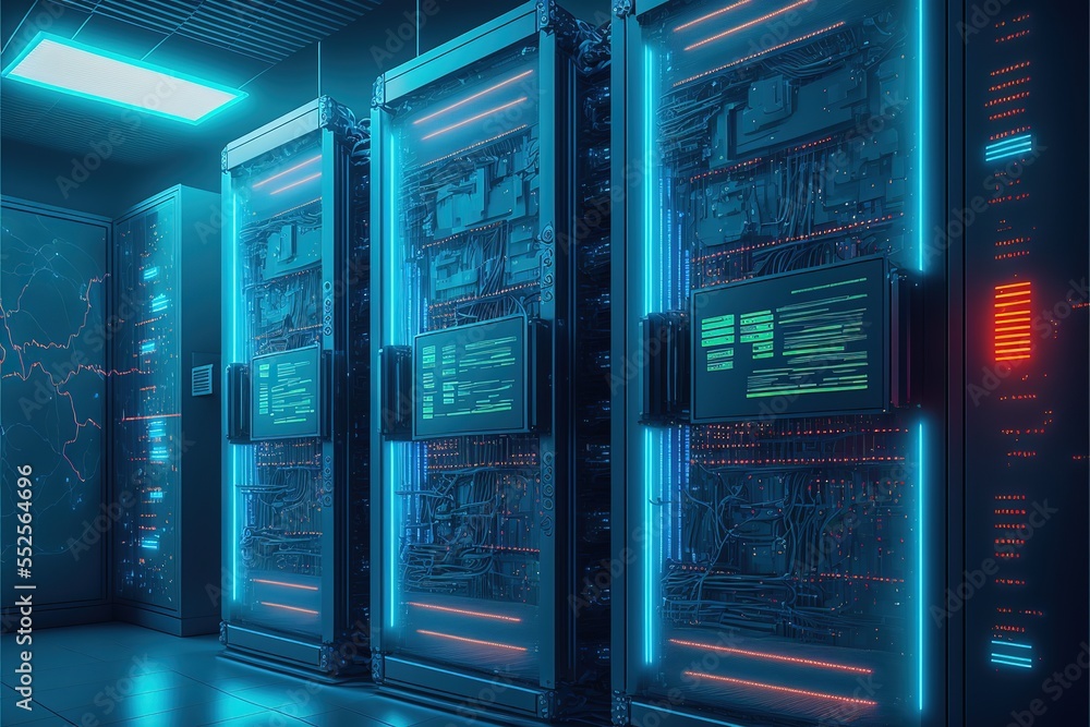 Aufkleber Data center or server room with servers of information cloud storage. Server racks in a computer security network server room. Generative AI technology