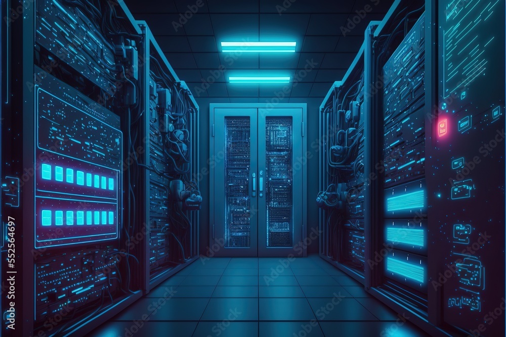 Aufkleber Data center or server room with servers of information cloud storage. Server racks in a computer security network server room. Generative AI technology