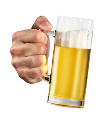 Hand hold beer mug glass isolated on layered png format background