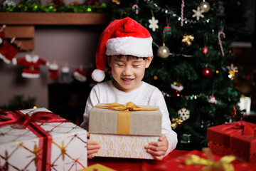 Fototapeta na wymiar young girl wearing Santa hat was opening gift box in front of Christmas tree