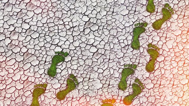 Footprints in the shape of grass on cracked soil in a dried up lake